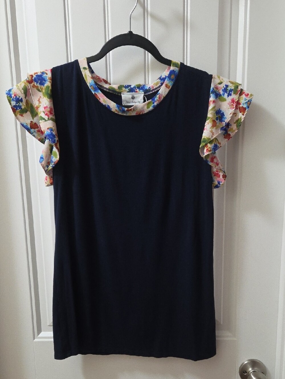Navy Flutter Sleeve Tee with Floral Trim
